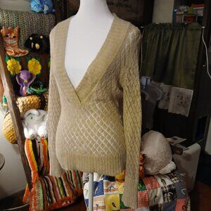 Ann Taylor Loft Women's Size Small Cream Gold Long Sleeve Deep V Neck Sweater